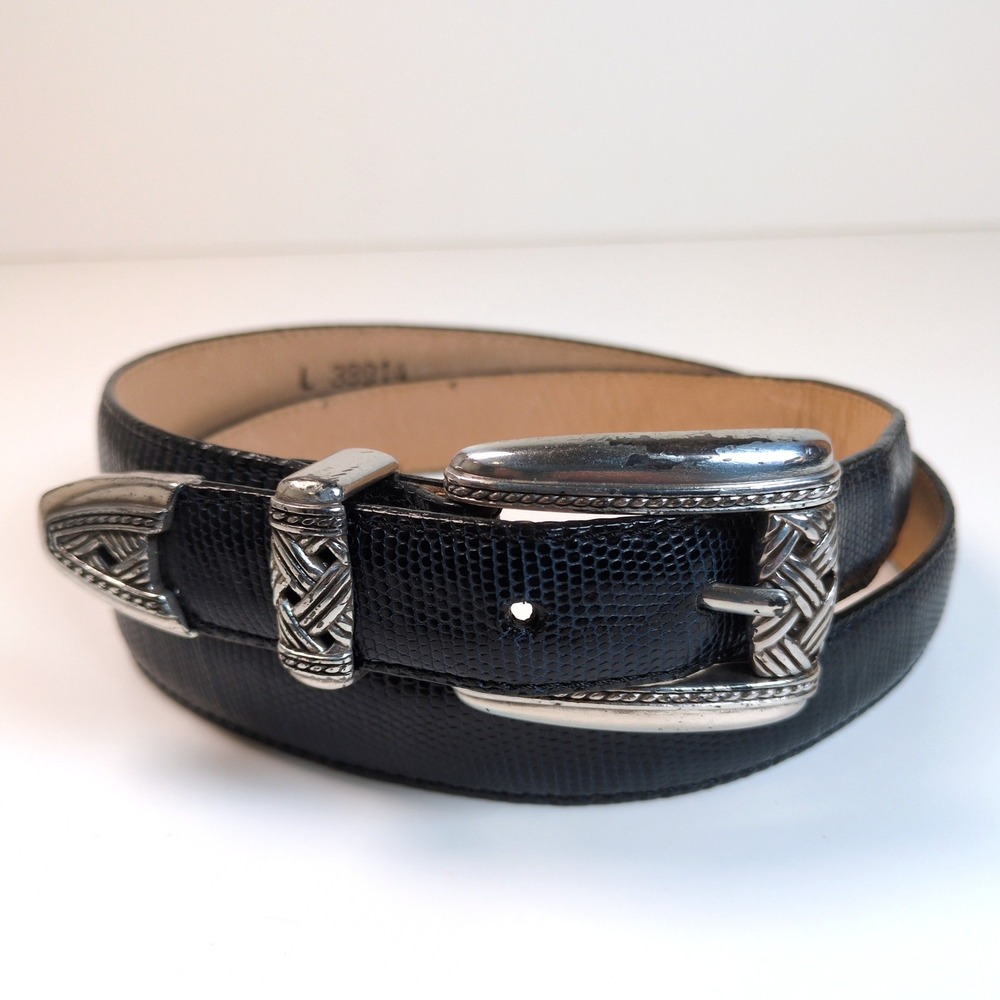 Brighton Black Leather Belt Moc Lizard Embossed Silver Buckle Woven Hardware L